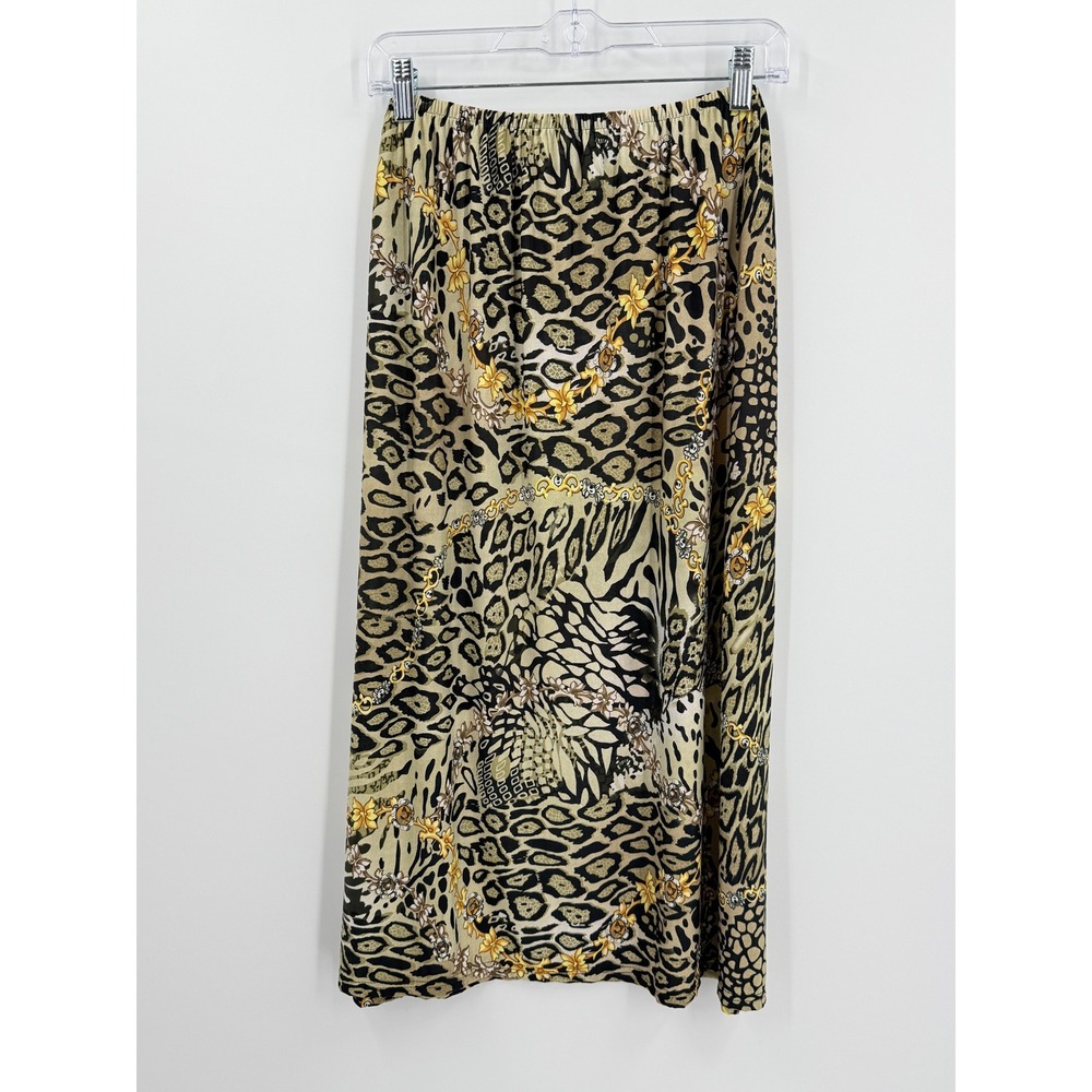 Scarf Print Midi Skirt Womens sz M Office Leopard Abstract Indie Gaudy euro glam